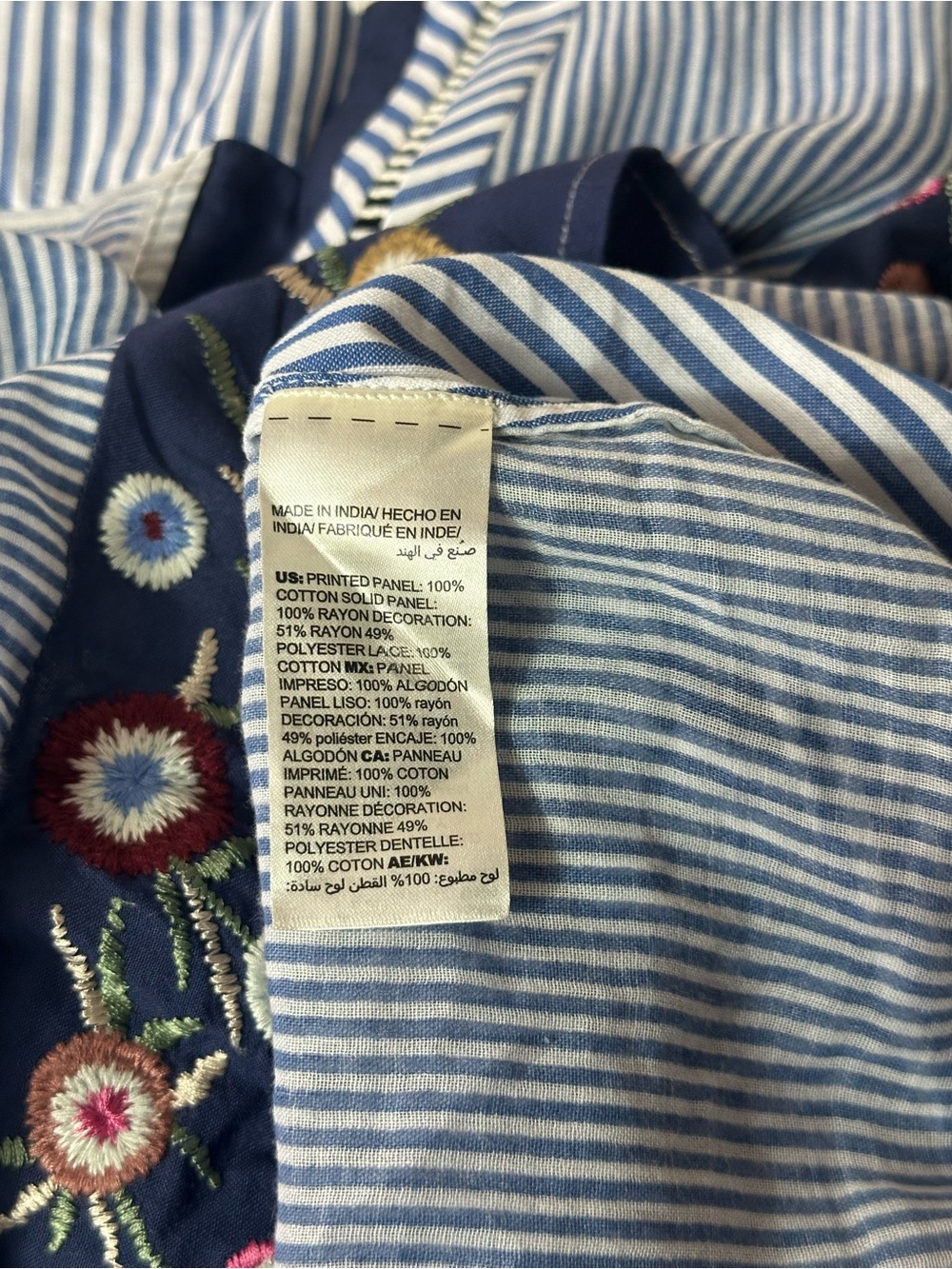 Chico’s Embroidered Floral Striped Patchwork Boho Peasant Blouse Size 2P - Picture 9 of 11